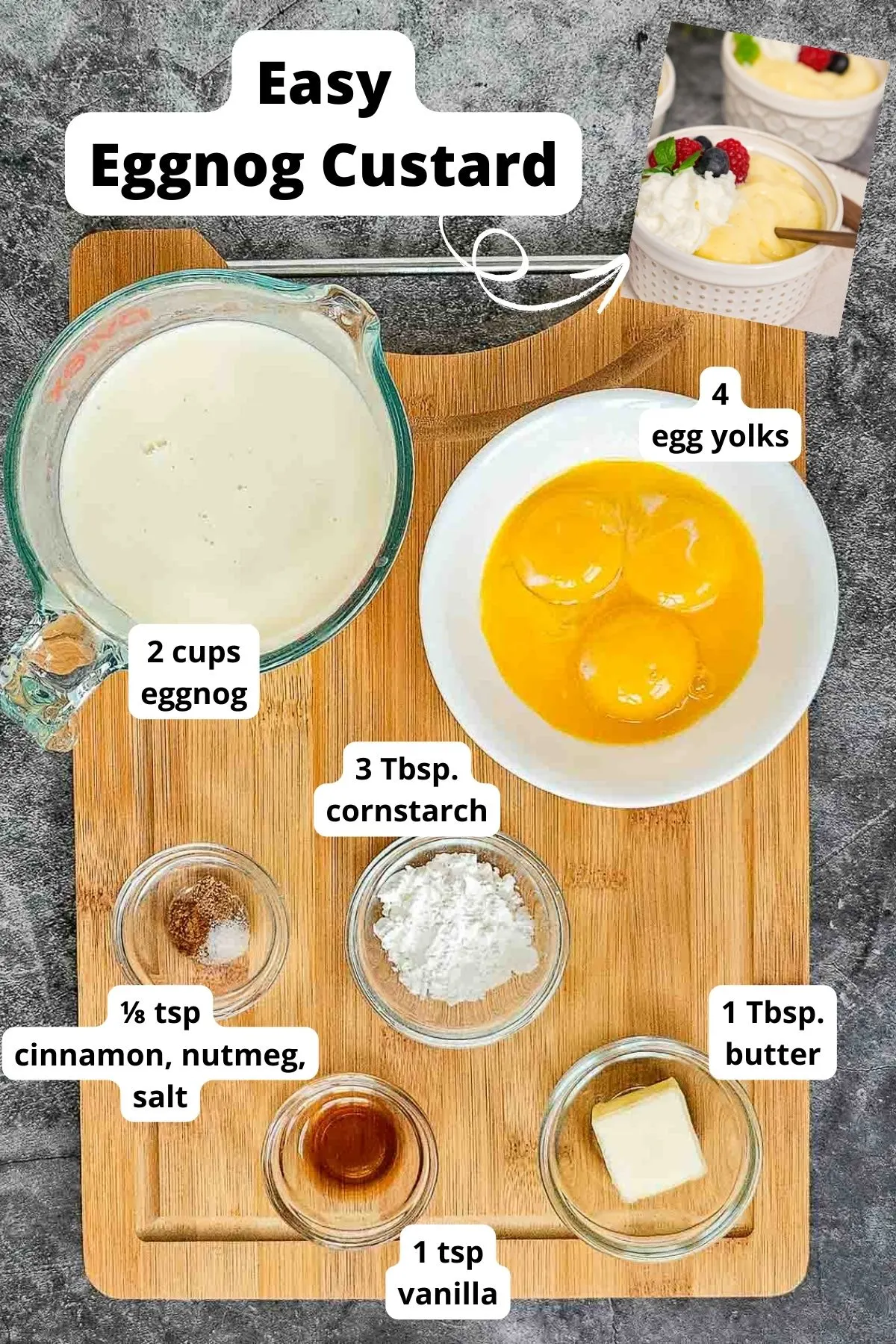 Ingredients to make eggnog custard