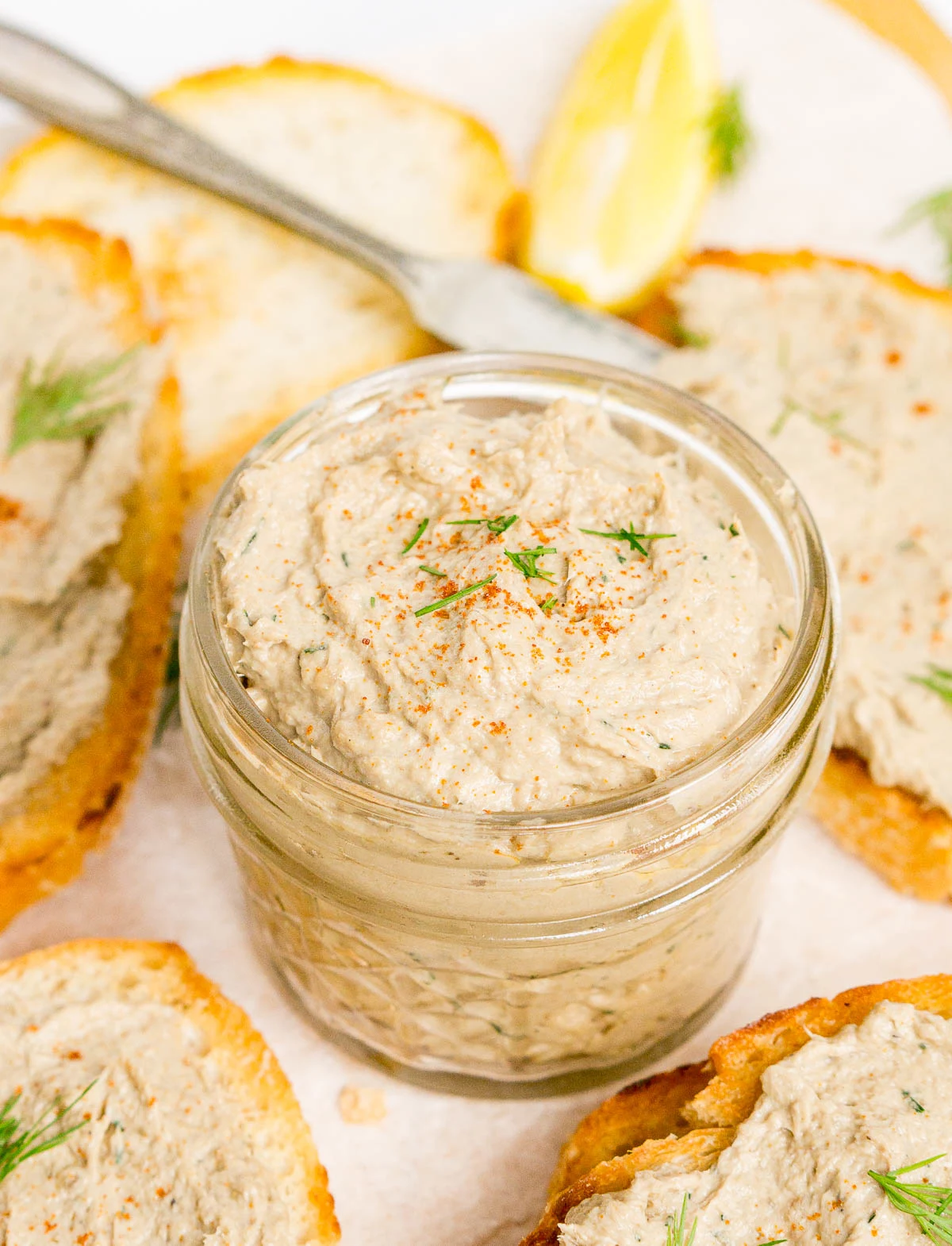 Sardine pate on an appetizer platter with toasted bread