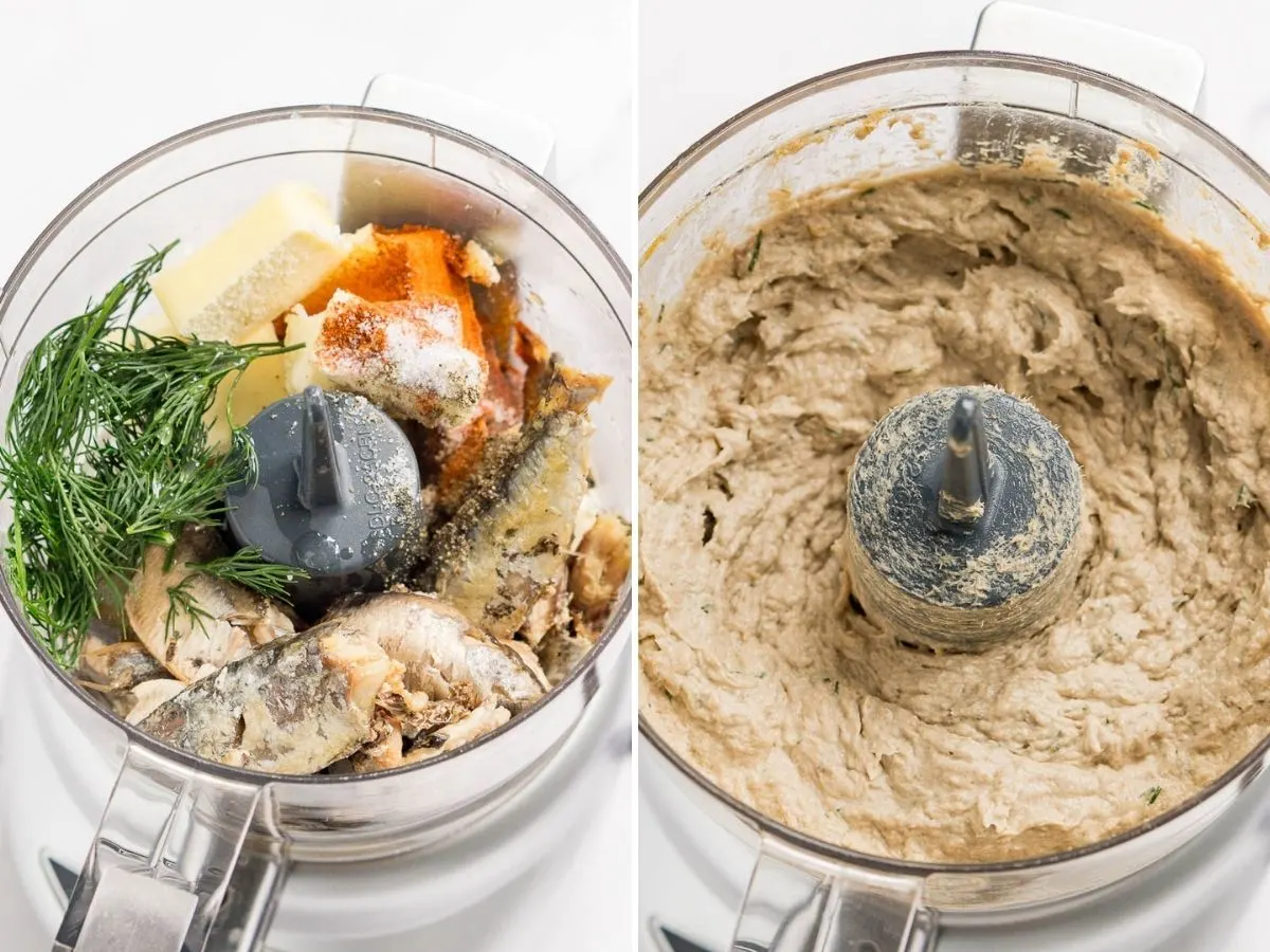 Collage of 2 pictures showing how to make sardine pate in a food processor