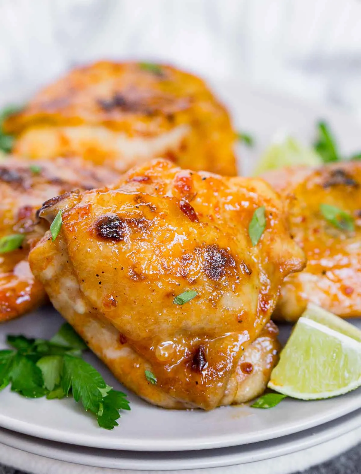 Close up of a sweet chili sous vide chicken thigh
