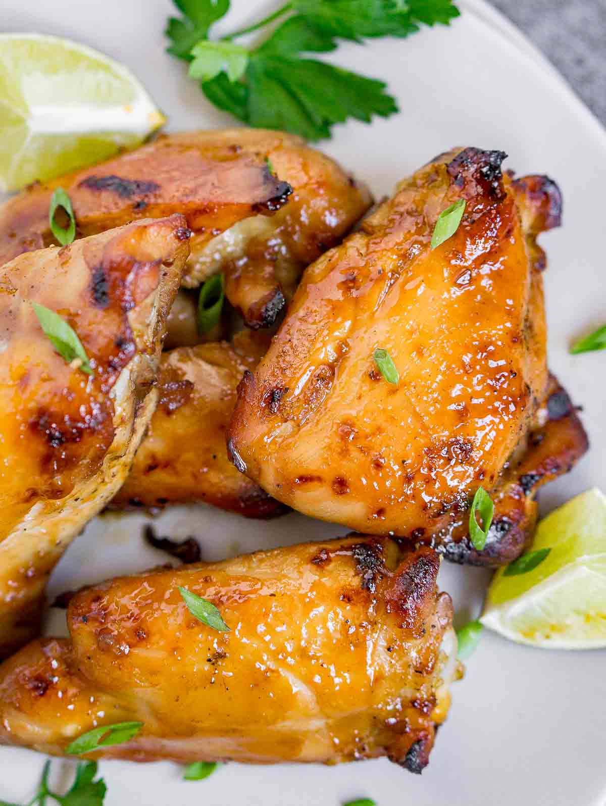 Plate of teriyaki sous vide chicken thighs