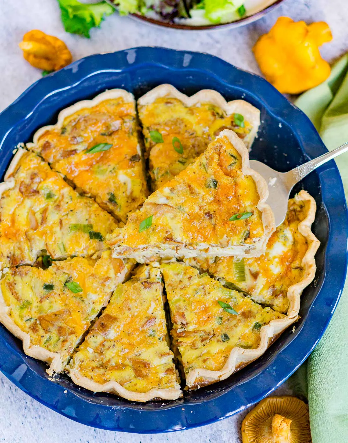 Chanterelle quiche in a pie dish