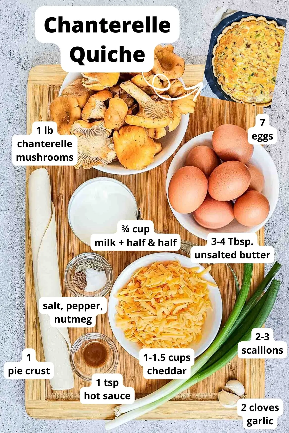 Ingredients to make chanterelle mushroom quiche