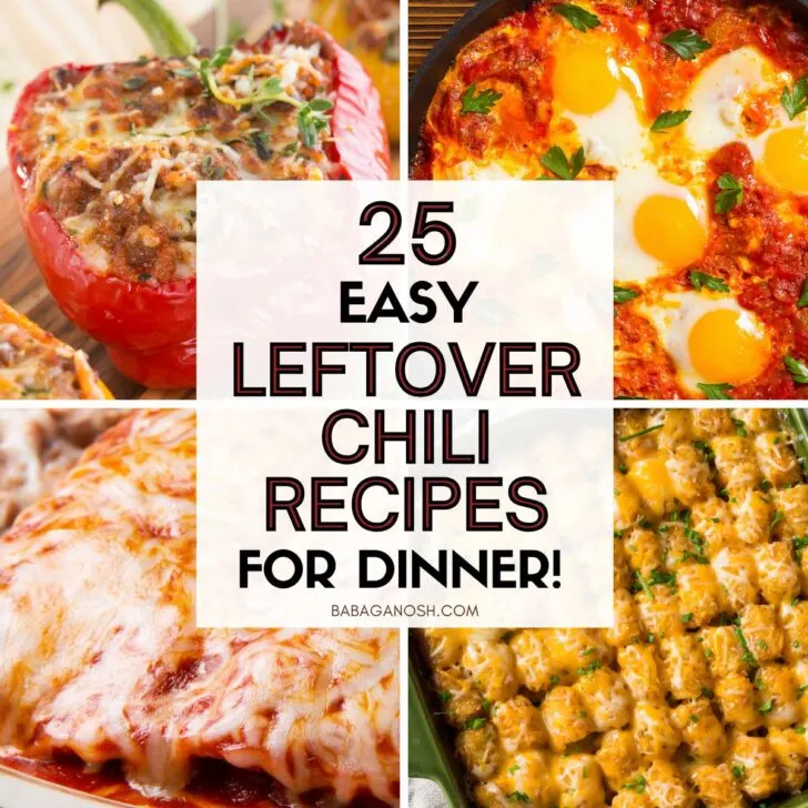 Graphic with text: 25 easy leftover chili recipes for dinner