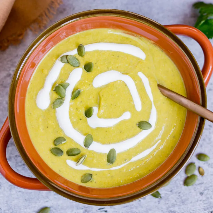 Bowl of roasted pumpkin leek soup