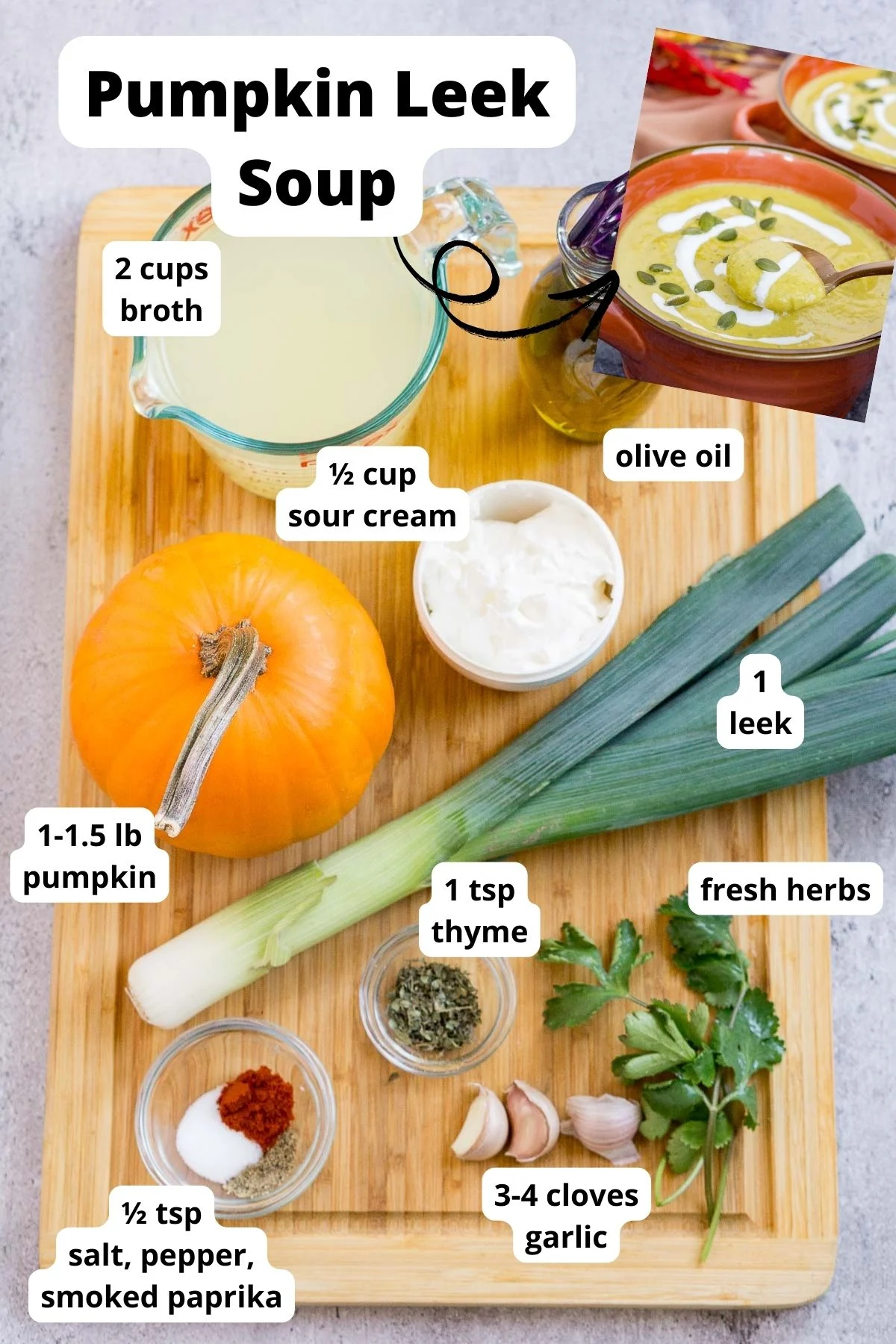 Ingredients to make pumpkin leek soup