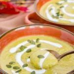 Pinterest image with text: Roasted Leek and Pumpkin Soup